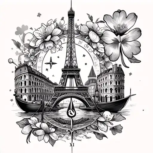 a compass rose, the Eiffel Tower, the Tower of London, the Roman Colosseum, Gondolas, Cherry blossoms, & an Irish Clover tattoo design idea