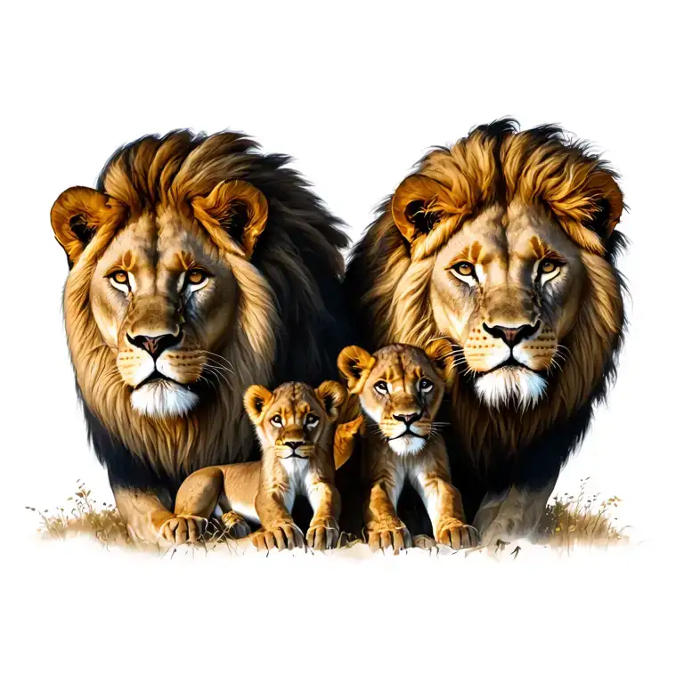 male and female lions and 2 cubs surrounded tattoo design idea