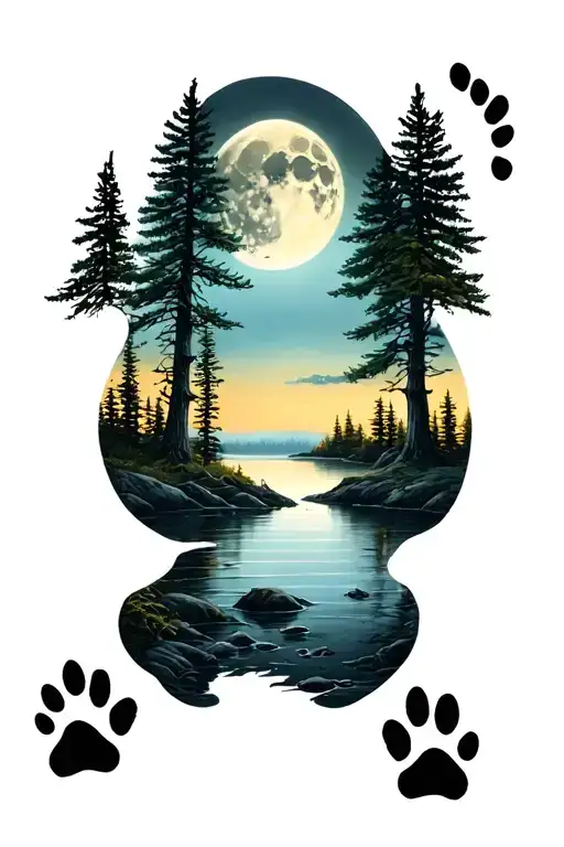 paw prints leading to a lakeshore surrounded by pine trees with a moon and moon's reflection on the water. tattoo design idea