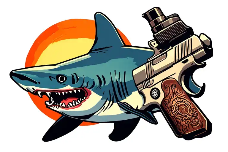 sun and shark and gun and roll and gost and dark blue tattoo design idea