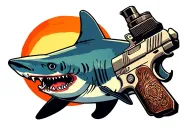 sun and shark and gun and roll and gost and dark blue tattoo design idea