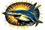 sun and shark and gun and roll and gost and dark blue tattoo design idea