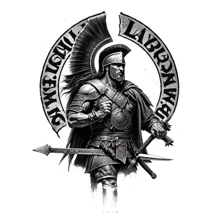 "Molon Labe" black and white, realistic Spartin warrior in battle tattoo design idea