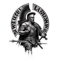 "Molon Labe" black and white, realistic Spartin warrior in battle tattoo design idea