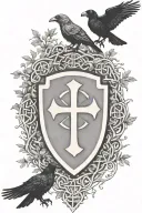 Rooker Family Crest with a celtic cross in a circle as a shield surrounded by cedar trees with  6 Crows tattoo design idea