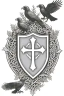 Rooker Family Crest with a celtic cross in a circle as a shield surrounded by cedar trees with  6 Crows tattoo design idea