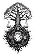 midevil tree of life with roots and branches stretching to shoulders, libra scale, v-twin engine parts and clock intertw tattoo design idea