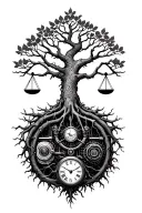 midevil tree of life with roots and branches stretching to shoulders, libra scale, v-twin engine parts and clock intertw tattoo design idea