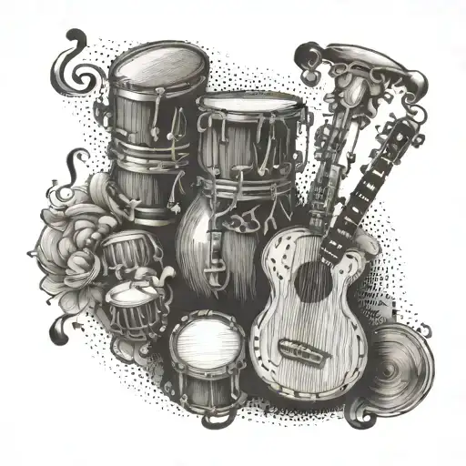 Fuse elements of Cuban and Argentine percussion instruments, such as the cajón and bombo legüero, in a harmonious tattoo composition tattoo design idea