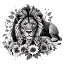 lion with 4 cub laying with sunflowers and roses tattoo design idea