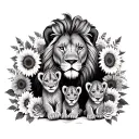lion with 4 cub laying with sunflowers and roses tattoo design idea
