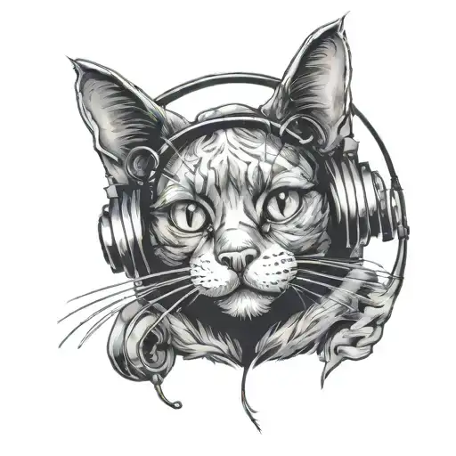 goofy black cat wearing headphones tattoo design idea