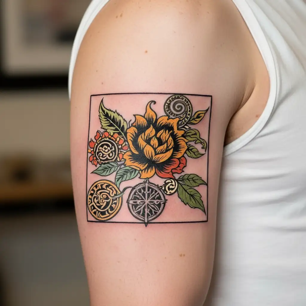 Design A Tattoo That Combines Wool Rug Motifs With Traditional Slavic Symbols tattoo design idea