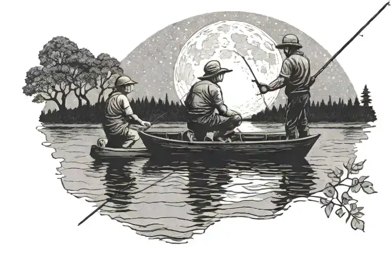 father and son fishing under full moon tattoo design idea