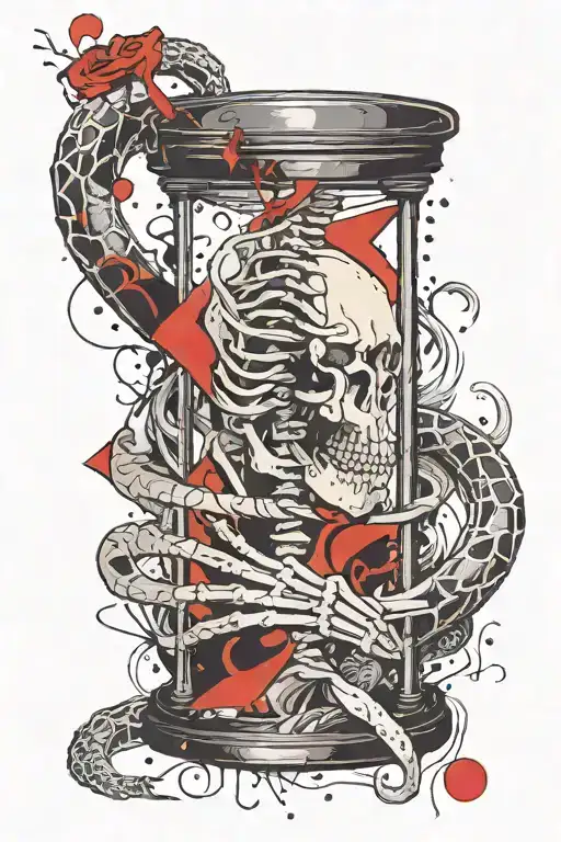 a human hand and a skeleton reach for an hourglass with a body made of a snake devouring its tail tattoo design idea