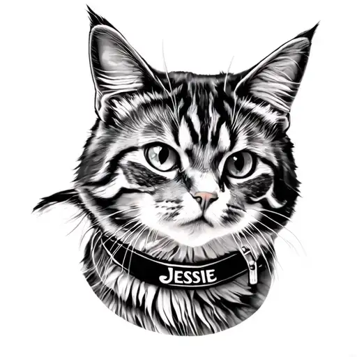 Maine Coon cat, full body, majestic, cool, 4k, black and white, Jessie written on collar  tattoo design idea