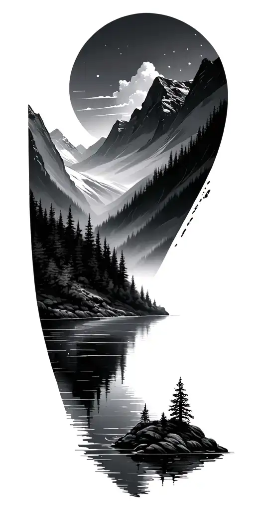 Fjord mountains and water and trees tattoo design idea