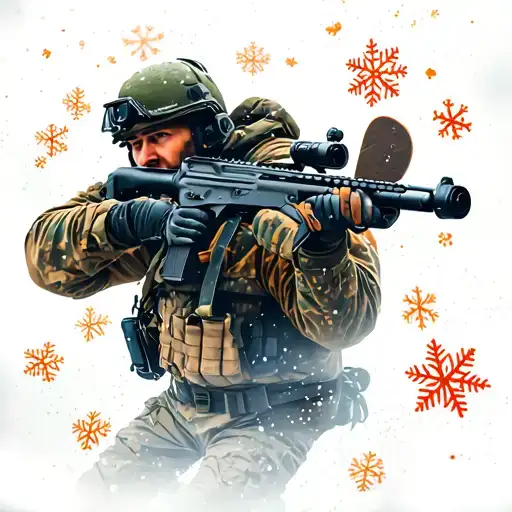 A realistic portrait of a soldier aiming a rifle, with a snowboard strapped to their back, surrounded by orange snowflakes tattoo design idea