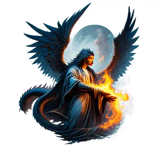Azrael angel with dragon breathing fire tattoo design idea