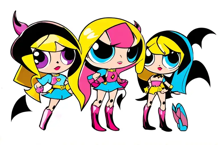 sleeve tattoo featuring cartoons such as the Powerpuff girls, fosters home for imaginary friends, Scooby Doo, Batman tattoo design idea