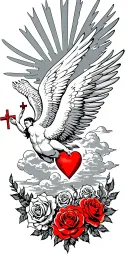 icarus flying with a heart with rays and clouds and a cross with lightly red colored roses throughout tattoo design idea