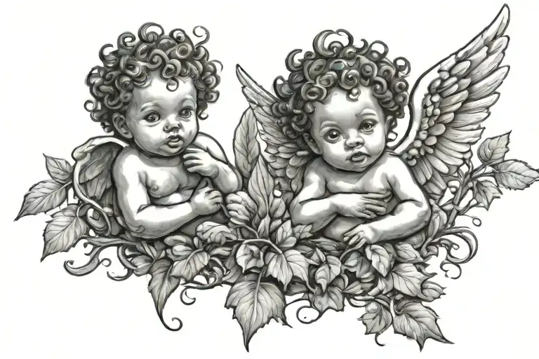 black baby cherub angels with different expressions and a tree branch tattoo design idea