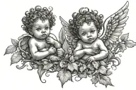black baby cherub angels with different expressions and a tree branch tattoo design idea