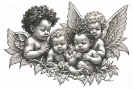black baby cherub angels with different expressions and a tree branch tattoo design idea