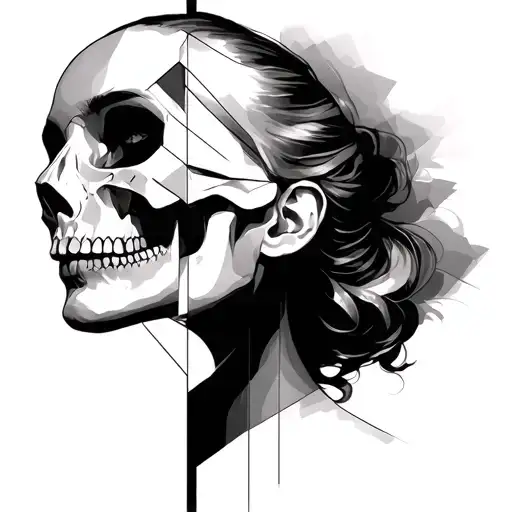 very seductive woman face geometric lines that split the face into a skull tattoo design idea