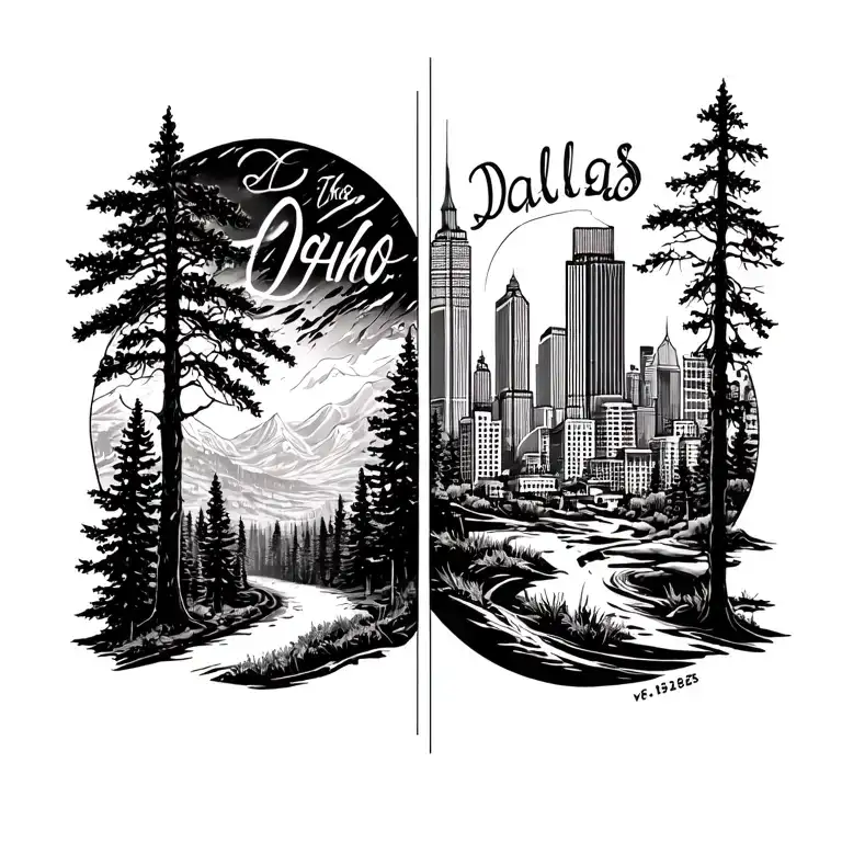 idaho like forest on the left and Dallas city on the right, the two designs seperate from eachother tattoo design idea
