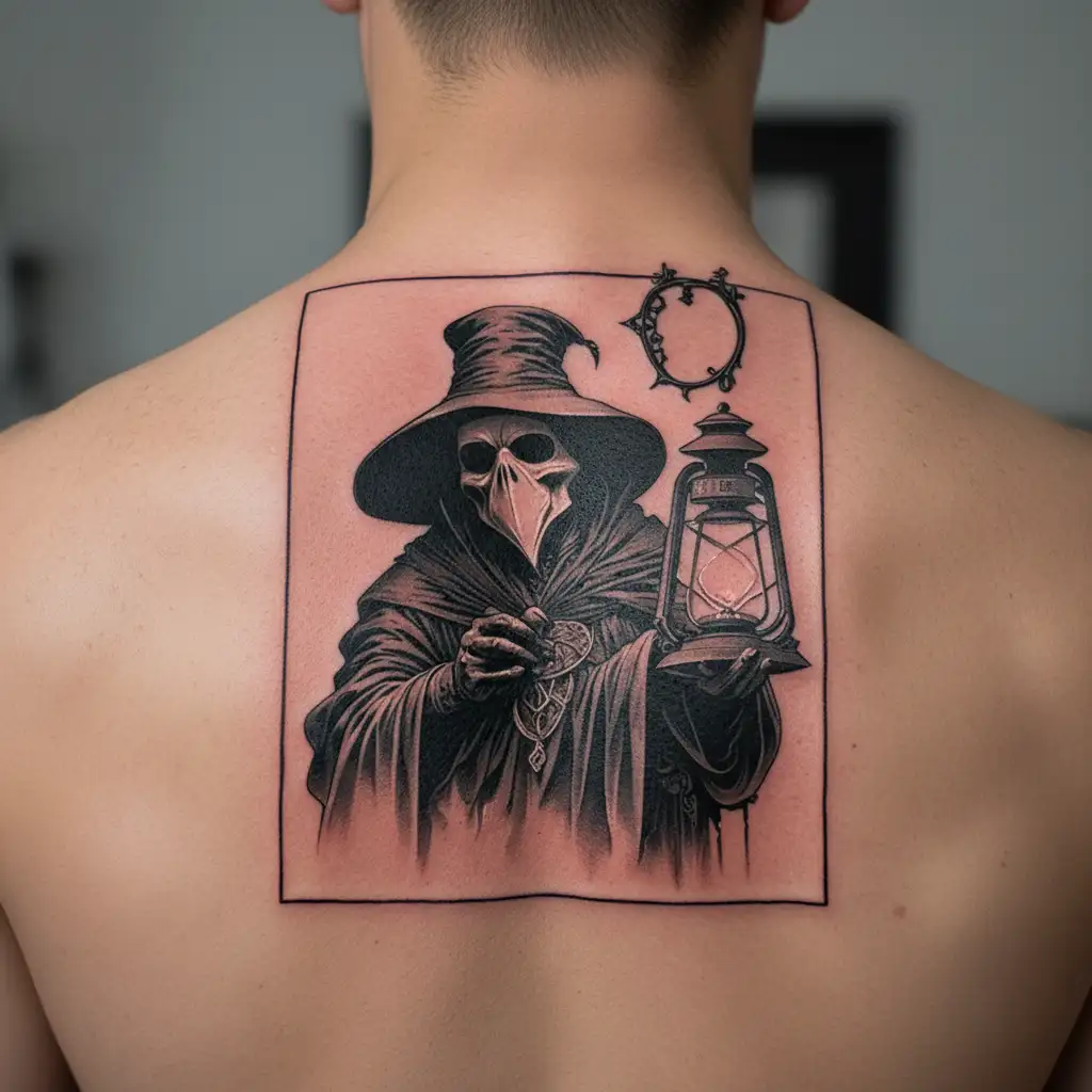 plague doctor holding a lantern tattoo design idea