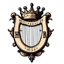 "H and r" "H and r" "H and r" harp with crown hanging tattoo design idea