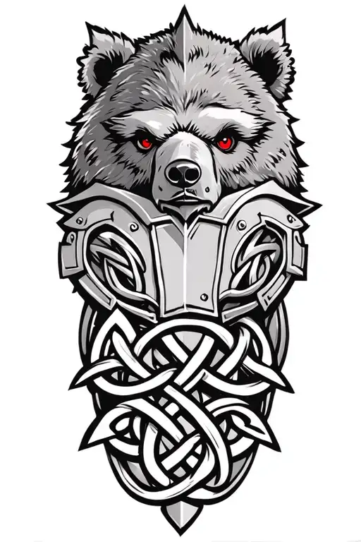 Bear with red eyes on armor tattoo design featuring Celtic trinity knot  tattoo design idea