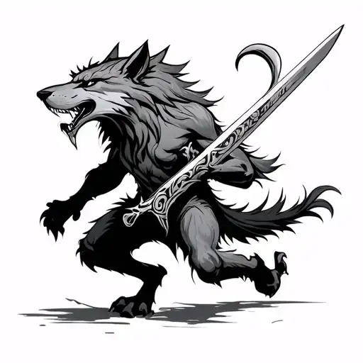 wolf-like creature in a dynamic, running pose, holding a long, ornate, curved sword in its mouth  tattoo design idea