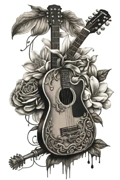 magnolia flower, guitar neck, old microphone, trebble cleft, piano keys, cross. tattoo design idea