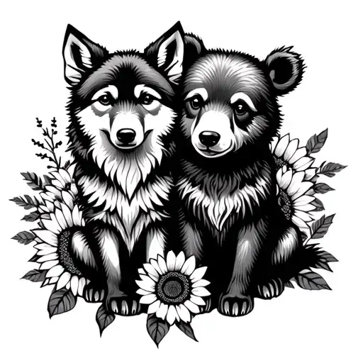 baby wolf and baby bear sitting with sunflowers and roses  tattoo design idea