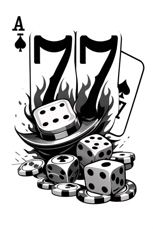 Flaming 777 slot display with Joker card, dice, poker chip, and Aces in black and grey tattoo flash style. tattoo design idea