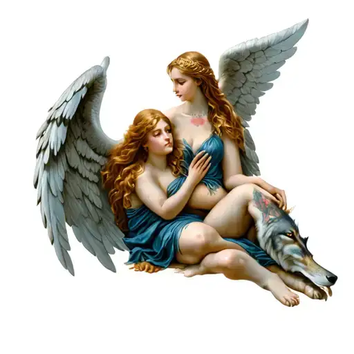 wolf protecting ginger female angel tattoo design idea