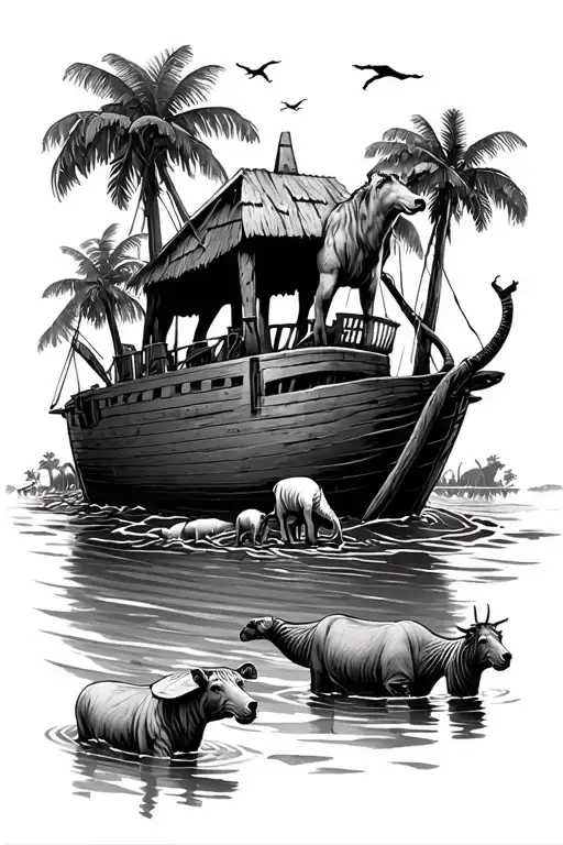 Noah's ark and jordans river safari scene with animals tattoo design idea