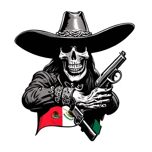 Mexican Charro skeleton with gun and mexico flag tattoo design idea