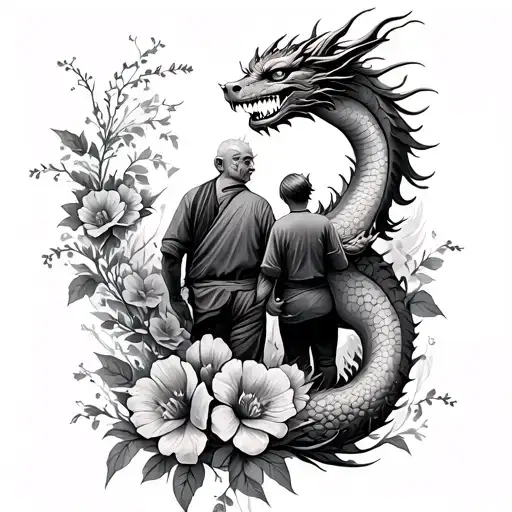 leg sleeve with a dragon going down and flowers throughout. And an image of a grandfather and grandkid on the calf. tattoo design idea