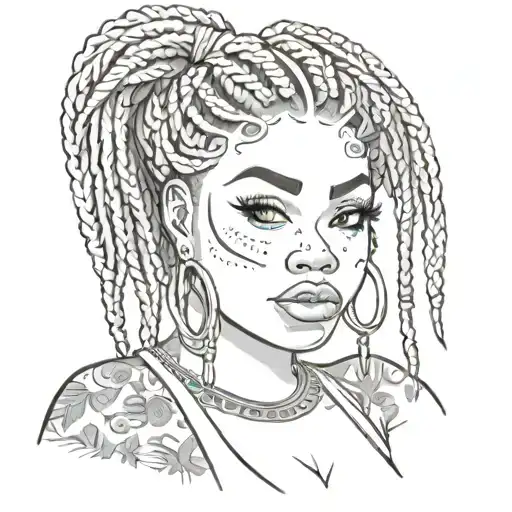 black chubby pin up girl with box braids and piercing and tattoos full body cartoon style  tattoo design idea