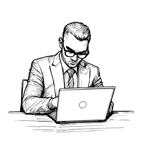 without shadows a man in black glasses and a business suit sits at a laptop tattoo design idea