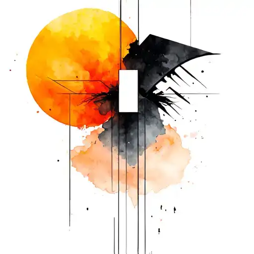 A detailed vertical black and white tattoo design in a modern geometric and surrealist style. At the top, a dynamic figu tattoo design idea