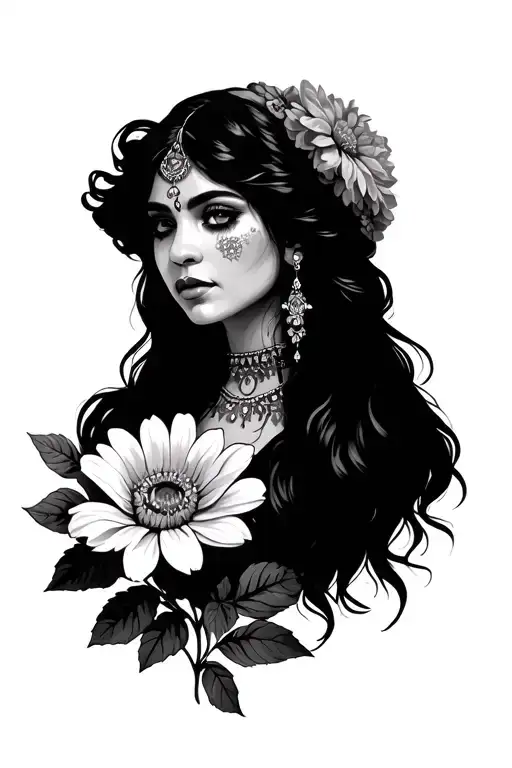 Latina Gypsy hazel eyes kind of looking to the side and down at the flower smelling it tattoo design idea