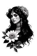 Latina Gypsy hazel eyes kind of looking to the side and down at the flower smelling it tattoo design idea