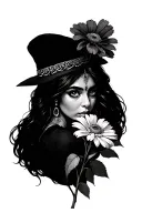 Latina Gypsy hazel eyes kind of looking to the side and down at the flower smelling it tattoo design idea