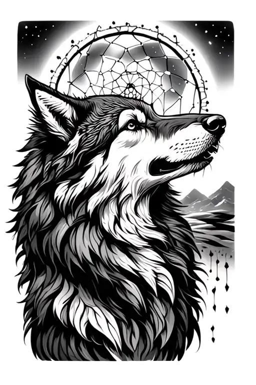 dreamcatcher wolf howling at the moon tattoo design idea