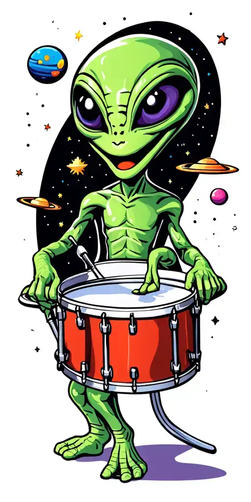cartoon alien smiling playing drums, planets and ufo, stars, colorful tattoo design idea