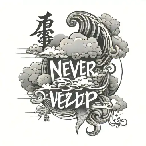 design never give up in japanese language and give some cloud design around the words tattoo design idea
